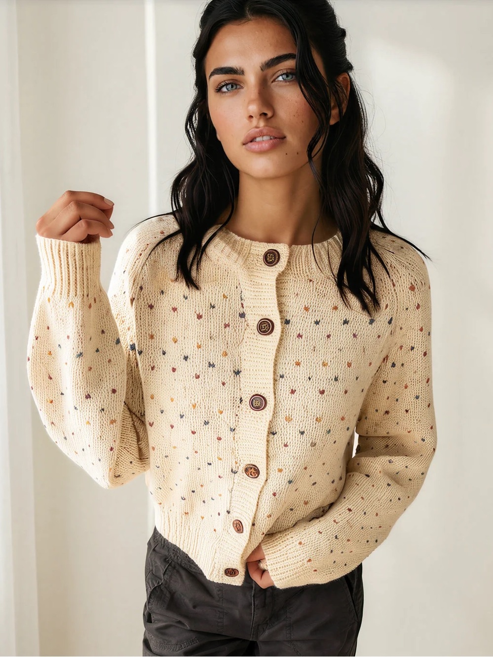Neutral Ground Multi Color Dotted Cardigan Sweater Size M